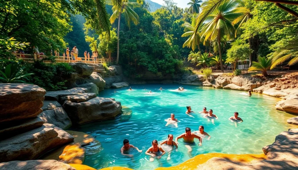 A picturesque natural pool nestled in the lush foliage of Ilha das Couves, Brazil. Crystal-clear turquoise waters invite swimmers to relax and unwind, surrounded by verdant hills and towering palm trees. Warm sunlight filters through the canopy, casting a golden glow over the serene scene. Smooth rock formations line the pool's edge, inviting visitors to sit and soak in the tranquil atmosphere. In the foreground, a group of people swim and splash, their joyful laughter echoing across the tranquil landscape. The overall mood is one of peaceful rejuvenation, a perfect respite from the outside world.