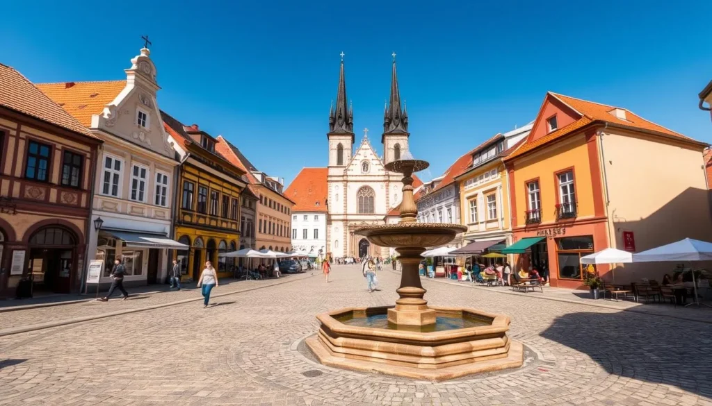 A picturesque old town square in Chomutov, Czechia, on a sunny afternoon. In the foreground, cobblestone streets are lined with charming 19th-century buildings, their facades adorned with intricate architectural details. A central fountain stands as the focal point, its water sparkling in the warm sunlight. In the middle ground, people stroll leisurely, taking in the vibrant atmosphere. The background features the imposing silhouette of the Church of the Assumption of the Virgin Mary, its spires reaching towards the clear, azure sky. The scene exudes a sense of timeless elegance and invites the viewer to explore the hidden gem that is Chomutov.