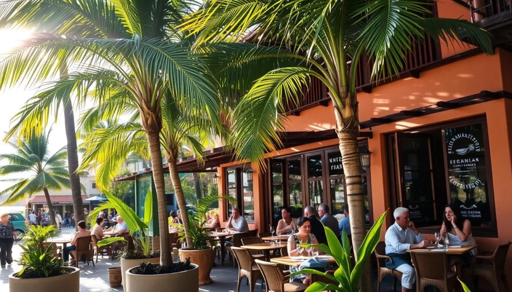 A picturesque open-air restaurant nestled in the heart of Mancora, Peru. The facade features a warm, earthy color palette with rustic wooden accents, seamlessly blending into the vibrant surrounding landscape. Lush, verdant palm trees sway gently in the coastal breeze, casting dappled shadows across the inviting outdoor seating area. Sunlight filters through, creating a cozy, ambient atmosphere perfect for savoring delectable Peruvian cuisine. Well-dressed patrons enjoy a leisurely lunch, surrounded by the lively energy of the bustling seaside town. The overall scene conveys a sense of relaxation and contentment, reflecting the charm and allure of Mancora's best culinary offerings.