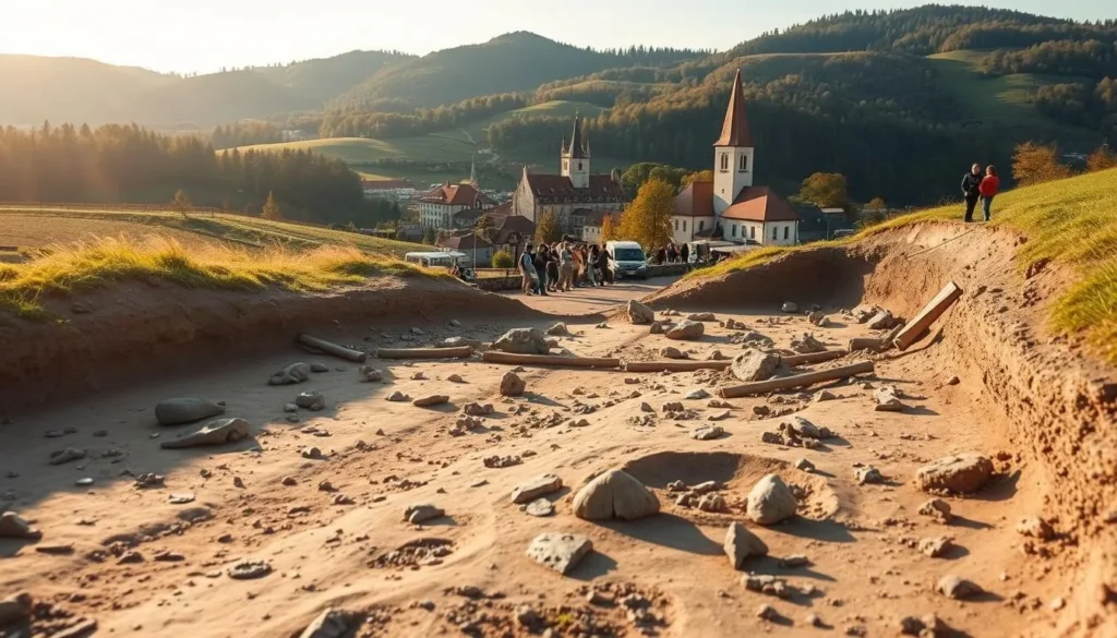 A picturesque paleontological site nestled in the rolling hills of the Krivoklat Highlands, Czechia. The foreground showcases the excavation area, with carefully exposed fossil fragments and remnants of ancient flora and fauna scattered across the sun-dappled soil. In the middle ground, visitors explore the site, marveling at the natural wonders uncovered by the dedicated researchers. The background features a charming village, its quaint buildings and church spire peeking through the lush, verdant landscape. Warm, golden sunlight bathes the scene, creating a serene and inviting atmosphere that captures the essence of Krivoklat's captivating natural and cultural heritage.