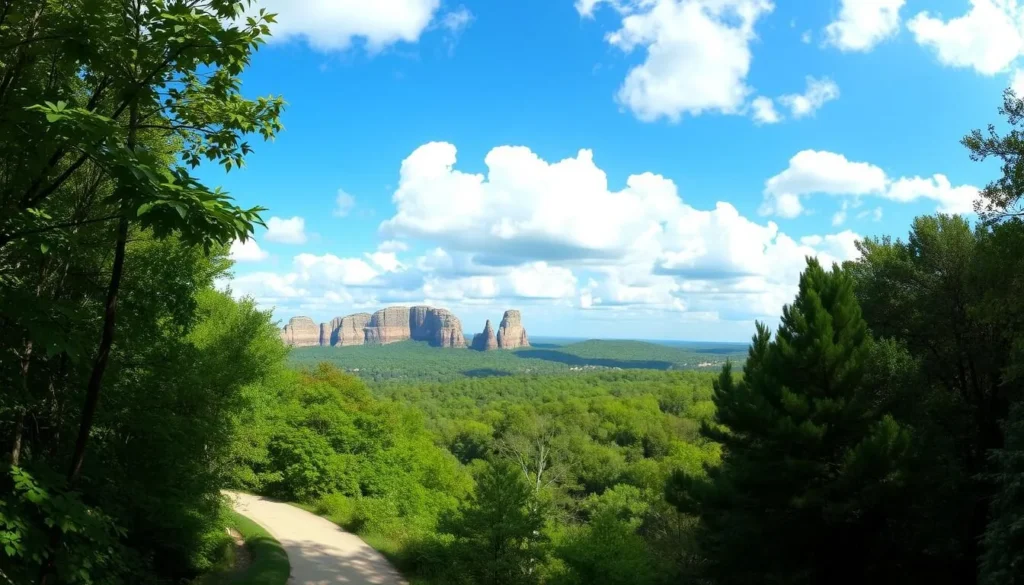 A picturesque panorama of Giant City State Park in its seasonal splendor. In the foreground, a winding path leads through a lush, verdant forest, dappled with sunlight filtering through the canopy of vibrant foliage. In the middle ground, rugged sandstone formations rise majestically, their weathered textures casting dramatic shadows. The background showcases a serene, azure sky dotted with fluffy, cumulus clouds, creating a tranquil and inviting atmosphere. The scene captures the park's natural beauty during its most captivating times of the year, inviting visitors to explore and immerse themselves in the wonder of this Illinois gem. A picturesque panorama of Giant City State Park in its seasonal splendor. In the foreground, a winding path leads through a lush, verdant forest, dappled with sunlight filtering through the canopy of vibrant foliage. In the middle ground, rugged sandstone formations rise majestically, their weathered textures casting dramatic shadows. The background showcases a serene, azure sky dotted with fluffy, cumulus clouds, creating a tranquil and inviting atmosphere. The scene captures the park's natural beauty during its most captivating times of the year, inviting visitors to explore and immerse themselves in the wonder of this Illinois gem.