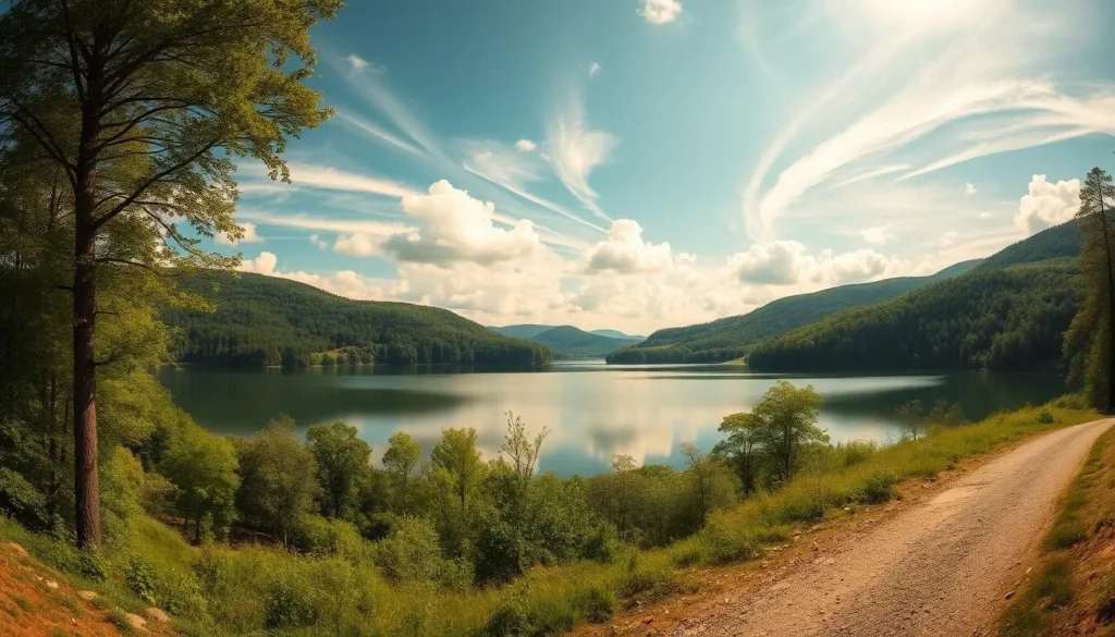 A picturesque panoramic view of the Sec Reservoir nestled in the lush, rolling hills of the Czech countryside. The tranquil waters reflect the vibrant greens of the surrounding forests and the fluffy, wispy clouds drifting across a bright, azure sky. A gravel path winds along the shoreline, inviting visitors to explore the serene natural setting. Sunlight gently filters through the trees, creating a warm, inviting atmosphere. The scene evokes a sense of peaceful solitude, perfect for a leisurely hike or a day of relaxation by the water.