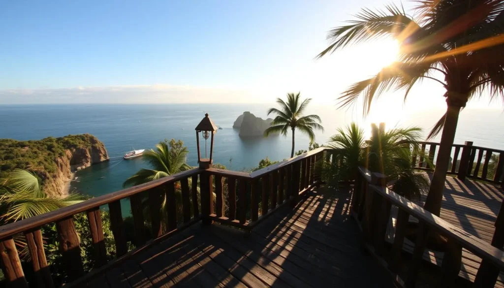 A picturesque photography hotspot on the scenic Deck dos Pescadores, with breathtaking vistas of Ilha do Japones and the surrounding turquoise waters. Capture the dramatic interplay of light and shadow as the sun filters through the lush vegetation, casting a warm glow over the weathered wooden decks and railings. Angle your camera to frame the stunning coastal landscape, with rugged cliffs, swaying palm trees, and fishermen's boats gently rocking in the calm bay. Convey a sense of tranquility and natural beauty, inviting the viewer to immerse themselves in this captivating seaside setting.
