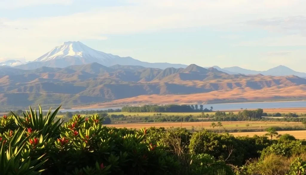 A picturesque representation of Ecuador's diverse climate zones, captured on a pleasant day. In the foreground, lush tropical foliage and vibrant flora typical of the coastal regions. The middle ground showcases the rolling hills and rugged terrain of the Andes mountains, with snow-capped peaks in the distance. Shifting to the background, rolling grasslands and arid landscapes depict the tranquil Galapagos Islands. The scene is illuminated by warm, diffused lighting, creating a serene and inviting atmosphere that captures the essence of Ecuador's remarkable environmental diversity.