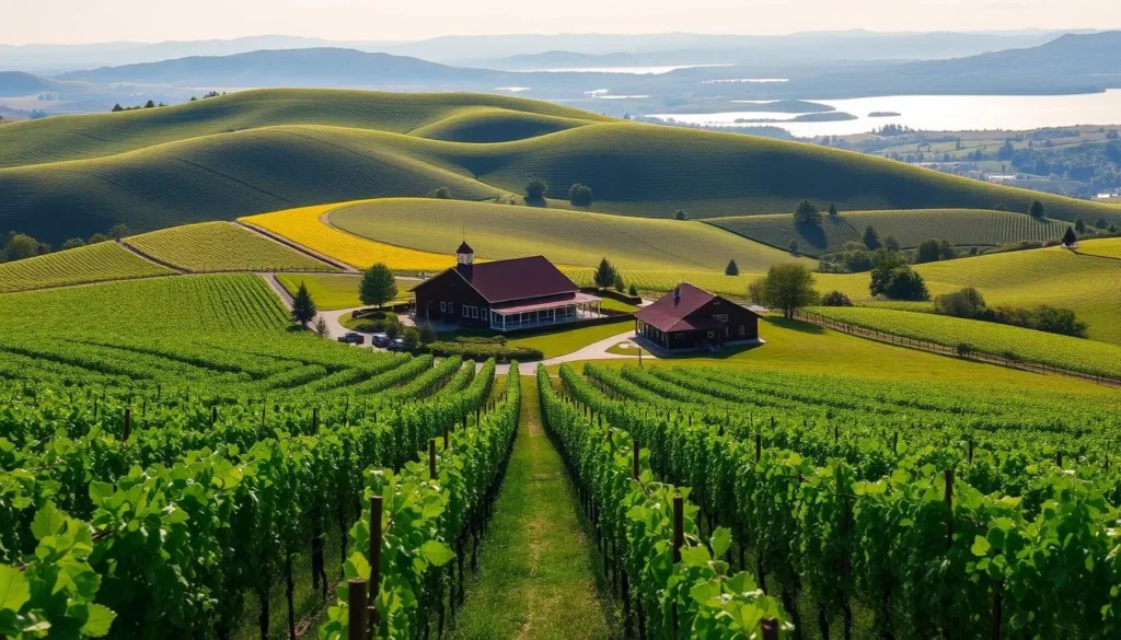 A picturesque rolling landscape of lush vineyards, dotted with quaint wineries and scenic overlooks, basking in the warm glow of the afternoon sun. In the foreground, rows of neatly trellised vines stretch out, their leaves gently swaying in the breeze. In the middle ground, a charming winery with a traditional red-roofed barn and a tasting room surrounded by well-manicured gardens. In the distance, the serene waters of one of the Finger Lakes glistens, framed by gently sloping hills covered in a patchwork of vineyards. The overall scene conveys a sense of tranquility, natural beauty, and the bounty of the local winemaking tradition.