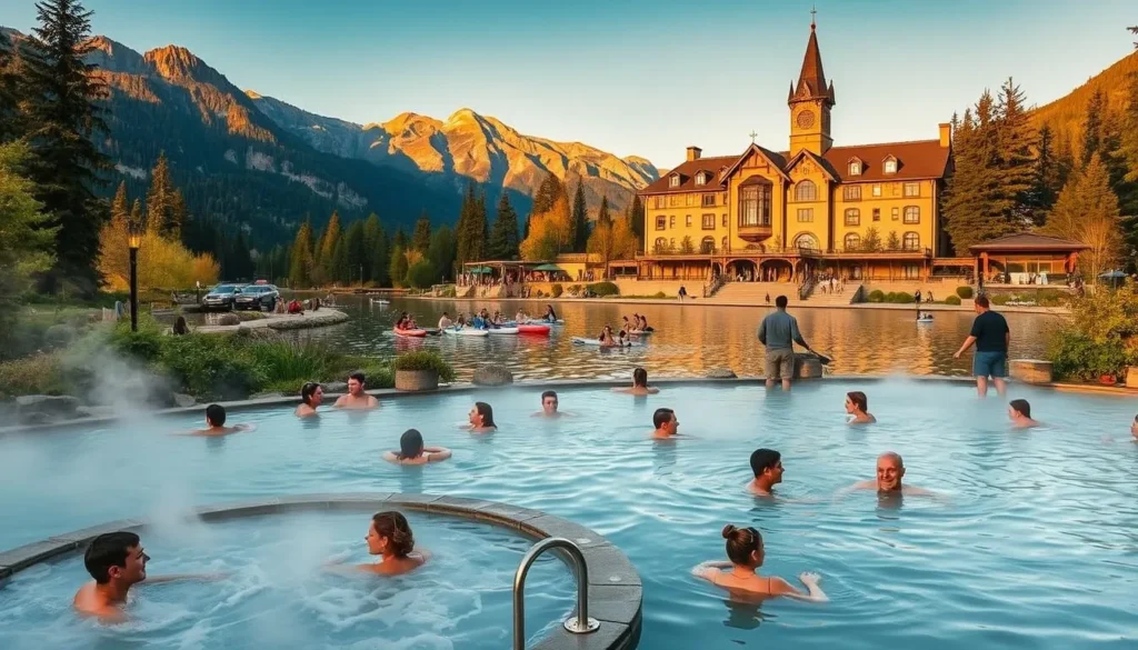 A picturesque scene of Ainsworth Hot Springs in British Columbia during a vibrant seasonal event. In the foreground, visitors soak in the steaming mineral pools, surrounded by lush greenery and towering mountains. The middle ground features guests enjoying outdoor activities like hiking, kayaking, and stand-up paddleboarding on the serene lake. In the background, the historic Ainsworth Hot Springs Resort stands tall, its architectural elegance complementing the natural beauty. The warm, golden lighting casts a cozy, welcoming atmosphere, accentuating the serene, tranquil mood of the scene.