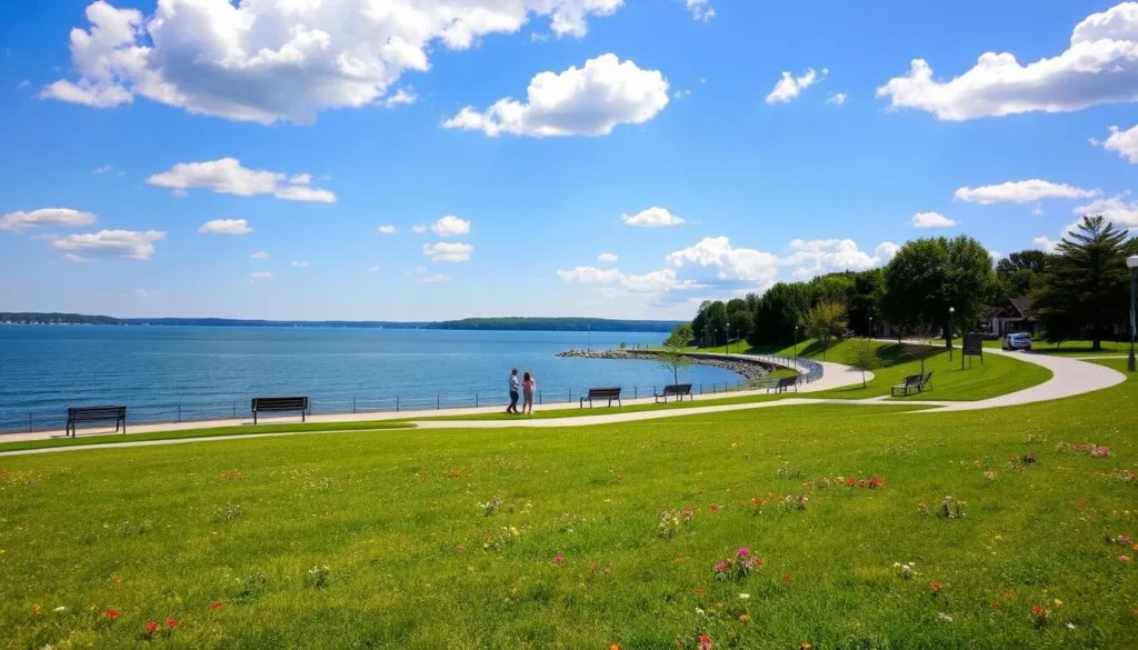 A picturesque scene of Alexandria Bay, New York, overlooking the tranquil waters of the St. Lawrence River. In the foreground, a lush green lawn dotted with colorful wildflowers leads to a well-maintained promenade lined with benches. In the middle ground, a gentle slope descends to the riverbank, where visitors can admire the serene water and the distant Thousand Islands. The background is dominated by a clear blue sky with fluffy white clouds, casting a warm, golden glow over the entire scene. The angle is from a slightly elevated perspective, capturing the scenic beauty of this waterfront park in all its splendor. The overall mood is one of relaxation and peaceful contemplation, inviting the viewer to imagine themselves enjoying a leisurely stroll or a quiet moment of respite along the shore. A picturesque scene of Alexandria Bay, New York, overlooking the tranquil waters of the St. Lawrence River. In the foreground, a lush green lawn dotted with colorful wildflowers leads to a well-maintained promenade lined with benches. In the middle ground, a gentle slope descends to the riverbank, where visitors can admire the serene water and the distant Thousand Islands. The background is dominated by a clear blue sky with fluffy white clouds, casting a warm, golden glow over the entire scene. The angle is from a slightly elevated perspective, capturing the scenic beauty of this waterfront park in all its splendor. The overall mood is one of relaxation and peaceful contemplation, inviting the viewer to imagine themselves enjoying a leisurely stroll or a quiet moment of respite along the shore.