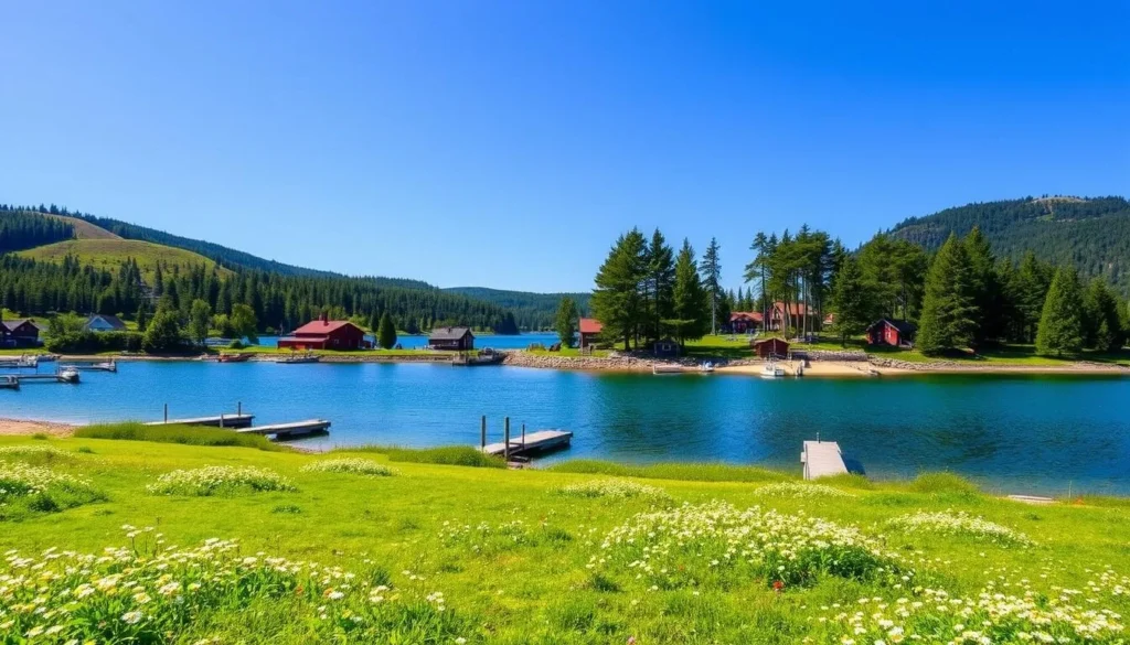A picturesque scene of Angso Island, Sweden, on a sunny day. In the foreground, lush green meadows dotted with wildflowers lead to a pristine shoreline, where small wooden docks and boats rest calmly. In the middle ground, a cluster of charming red-roofed cottages nestled among towering pine trees creates a quaint, traditional atmosphere. The background features the island's rolling hills, with their forested slopes leading up to the horizon, where the clear blue sky meets the shimmering waters of the Baltic Sea. The overall composition captures the serene and idyllic essence of this photography hotspot on Angso Island.