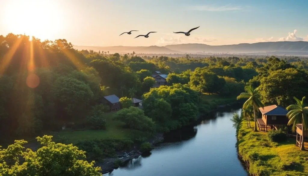 A picturesque scene of Apoera, Suriname during a pleasant day. The sun casts a warm glow over the lush, verdant rainforest canopy, dappling the ground with soft shadows. In the foreground, a tranquil river winds its way through the landscape, its calm waters reflecting the surrounding natural beauty. Birds soar overhead, their calls echoing through the peaceful setting. The middle ground features traditional wooden houses and buildings, blending harmoniously with the tropical environment. The background is dominated by rolling hills and distant mountains, creating a serene and inviting atmosphere. The overall scene conveys the idyllic climate and seasonal charm of Apoera, perfectly complementing the article's focus on the best times to visit this captivating destination.