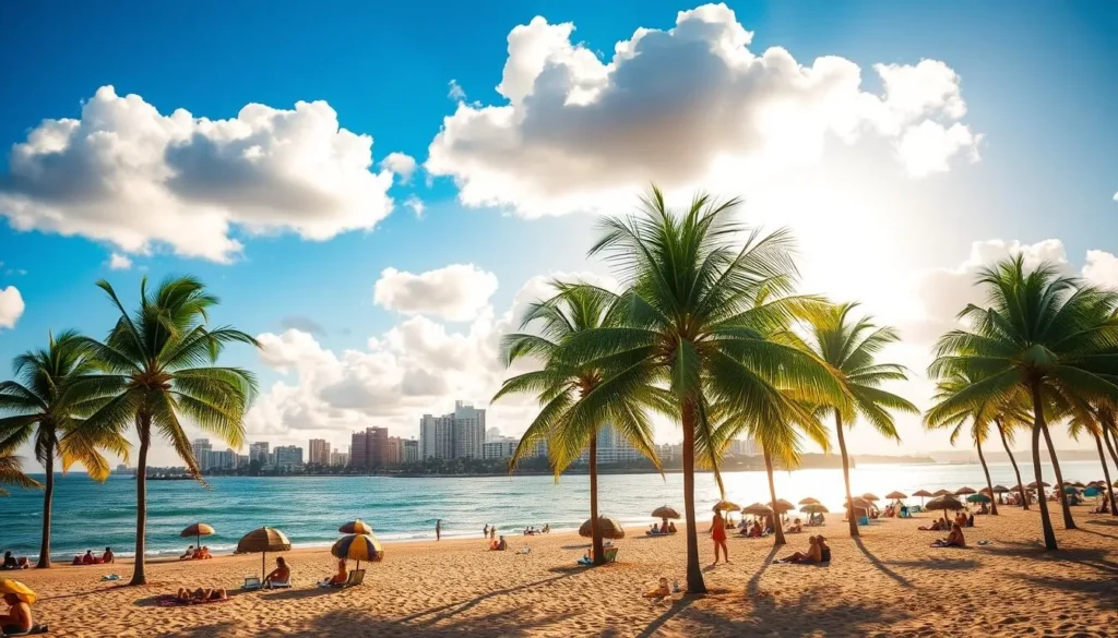 A picturesque scene of Aracaju, Brazil, during the prime season. Vibrant blue skies with fluffy white clouds overhead, casting a warm golden glow across the beachfront. In the foreground, sun-drenched sandy beaches dotted with colorful parasols and towels, as people relax and enjoy the tranquil ocean waves lapping at the shore. The middle ground features lush palm trees swaying gently in the coastal breeze, their fronds creating dynamic shadows. In the background, the city's skyline rises, a harmonious blend of modern architecture and historic buildings. The overall atmosphere is one of serenity, inviting visitors to immerse themselves in the natural beauty and leisurely pace of Aracaju during its optimal time of year.