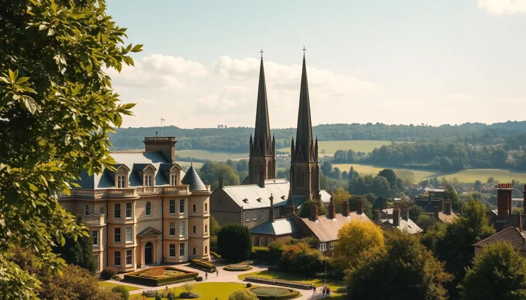 A picturesque scene of Bexley's historical landmarks on a sunny day. In the foreground, the grand facade of Danson House, a stunning Georgian manor, stands amidst lush gardens. In the middle ground, the soaring spire of St. Mary's Church rises above the rooftops, its Gothic architecture a testament to Bexley's rich past. In the background, the rolling hills of the borough provide a serene, pastoral backdrop, dotted with quaint villages and ancient woodlands. The scene is bathed in warm, golden light, creating a sense of timeless elegance and tranquility. Capture this idyllic vision of Bexley's hidden historical gems through a high-resolution, wide-angle lens.