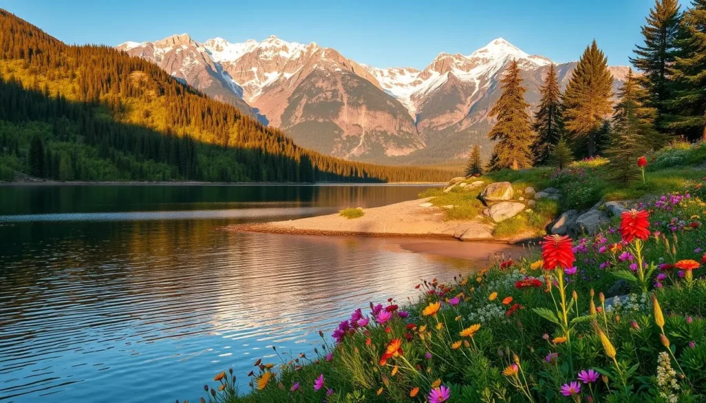 A picturesque scene of Black Lake during the peak of the seasonal weather cycle. In the foreground, a tranquil body of water reflects the surrounding lush, verdant foliage. The middle ground features a gently sloping shoreline adorned with colorful wildflowers. In the background, majestic mountains rise, their peaks capped with a dusting of pristine snow. The scene is bathed in warm, golden sunlight, creating a serene and inviting atmosphere. The image conveys the ideal time to visit Black Lake, when nature is at its most vibrant and captivating.