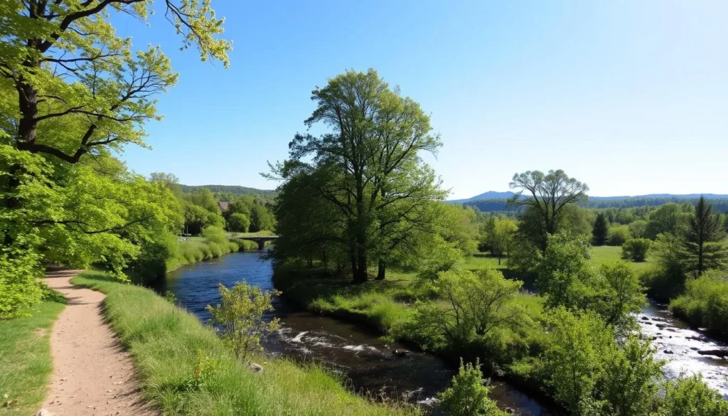 A picturesque scene of Brandywine Creek State Park on a sunny day. The creek meanders through lush, verdant foliage, with sunlight glistening on the water's surface. Towering deciduous trees line the banks, casting gentle shadows across the tranquil landscape. In the foreground, a well-maintained hiking trail invites visitors to explore the park's natural beauty. The middle ground reveals a charming wooden footbridge arching over the creek, offering a scenic vantage point. In the distance, rolling hills and a clear blue sky create a serene, idyllic atmosphere, capturing the essence of Arden, Delaware's natural charm.