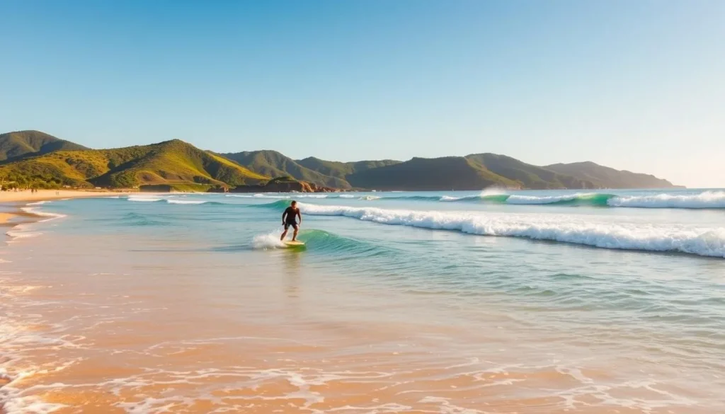 A picturesque scene of Brava Beach, located on the northern coast of Ilha de Santa Catarina, Brazil. The image showcases a pristine, golden-sand beach with clear, turquoise waters gently lapping against the shore. In the foreground, a skilled surfer rides a perfect wave, their silhouette backlit by the warm, golden sunlight. The middle ground features a few beachgoers leisurely enjoying the tranquil atmosphere, while the background is dominated by lush, verdant hills and a cloudless, azure sky. The overall composition captures the serene, laid-back charm of this stunning Brazilian beach destination, perfectly encapsulating the beauty and appeal of the northern Ilha de Santa Catarina.