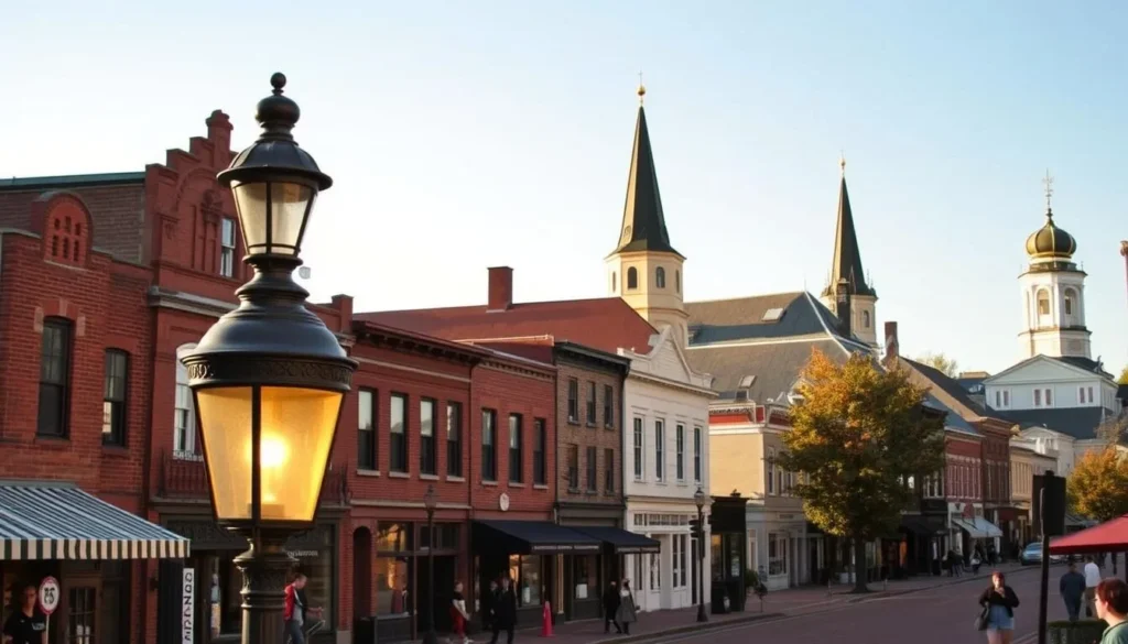 A picturesque scene of Canandaigua's Historic District, showcasing its well-preserved 19th-century architecture bathed in warm, golden light. Capture the quaint charm of the town's Main Street, lined with brick and stone buildings, their facades adorned with intricate details and decorative elements. In the foreground, a vintage lamp post casts a soft glow, guiding visitors through the district. The middle ground features pedestrians strolling along the sidewalks, immersed in the district's timeless ambiance. In the background, a few steeples and cupolas of historic churches rise above the rooftops, creating a picturesque skyline. The overall atmosphere evokes a sense of tranquility and nostalgia, inviting the viewer to step back in time and experience the essence of Canandaigua's historic heart.