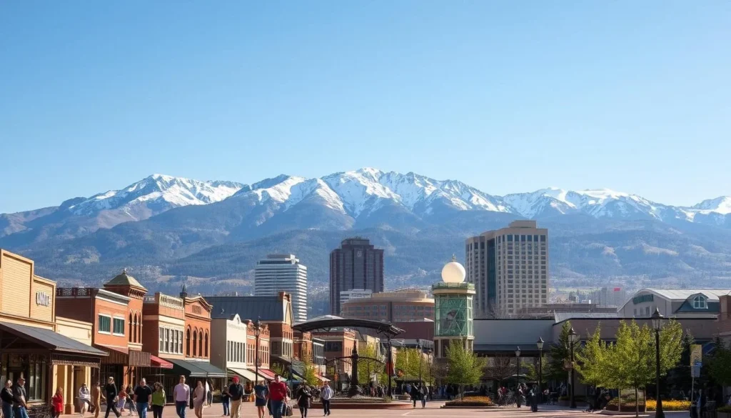A picturesque scene of Centennial, Colorado on a pleasant day. In the foreground, a bustling town square with locals and visitors strolling along the sidewalks, browsing the local shops and cafes. In the middle ground, the striking architectural details of historic buildings juxtaposed with modern high-rises. The background features the majestic Rocky Mountains, their snow-capped peaks cutting a striking silhouette against the azure sky. Warm sunlight bathes the entire scene, creating a welcoming and vibrant atmosphere. Capture the essence of this thriving Colorado community and its natural splendor.