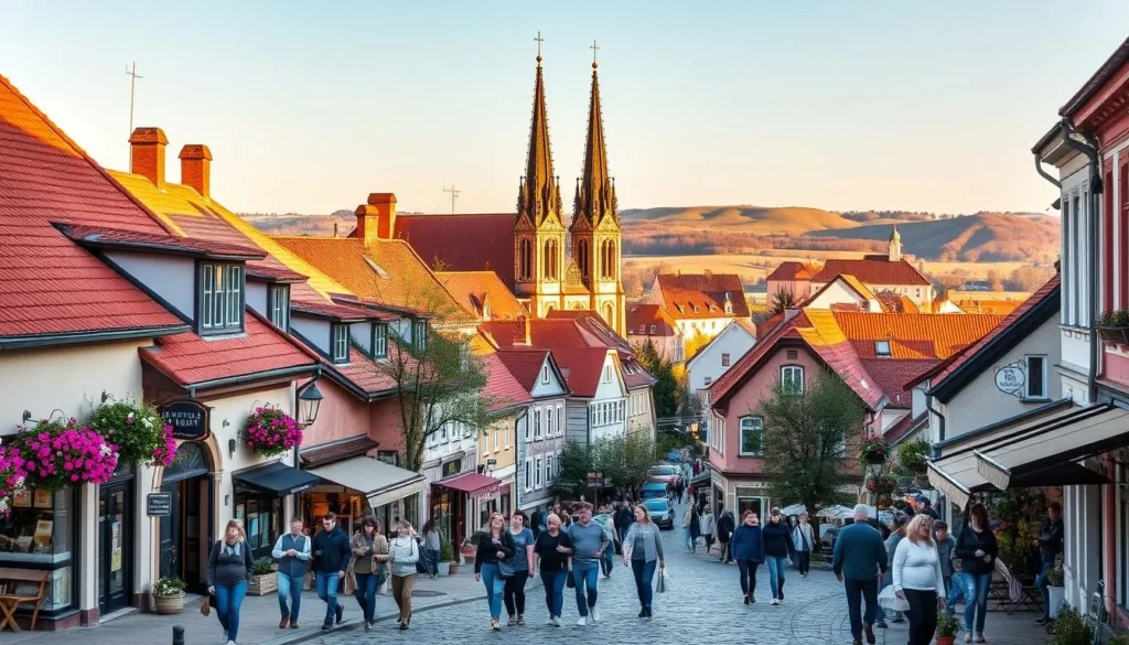 A picturesque scene of Ceska Lipa in the heart of the Czech Republic during its seasonal highlights. The town's charming historic center is bathed in warm, golden afternoon light, casting a cozy glow over the red-roofed buildings and cobblestone streets. In the foreground, locals and visitors stroll leisurely, enjoying the mild weather and vibrant floral displays adorning the quaint shops and cafes. In the middle ground, the grand spires of the Church of St. Nicholas rise majestically, while in the distance, the rolling hills of the surrounding countryside provide a serene, pastoral backdrop. An idyllic scene that captures the quintessential appeal of visiting Ceska Lipa at the perfect time of year.