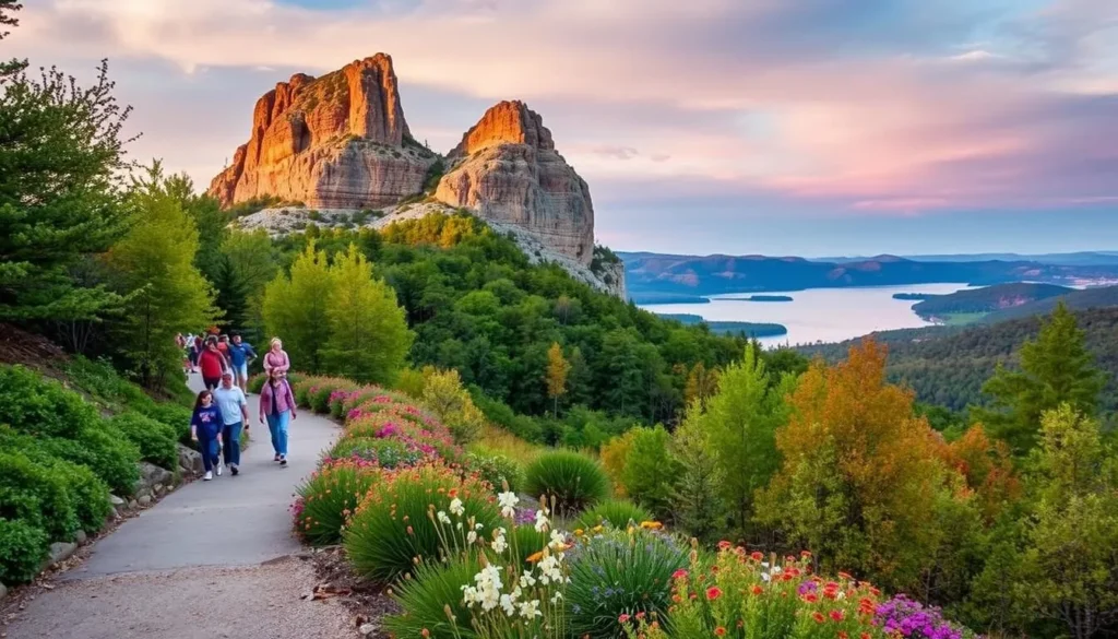 A picturesque scene of Chimney Rock State Park during a vibrant seasonal event. In the foreground, visitors stroll along a winding trail, surrounded by lush greenery and blooming wildflowers. The iconic Chimney Rock formation stands tall in the middle ground, its rugged edges illuminated by warm, natural lighting. In the background, a serene lake reflects the changing colors of the sky, hinting at the tranquil atmosphere. The overall mood evokes a sense of adventure and exploration, capturing the essence of the park's seasonal activities and special events.