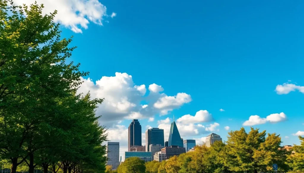 A picturesque scene of Detroit's seasonal weather in the spring. In the foreground, lush green trees line the streets, their leaves rustling gently in a soft breeze. The middle ground showcases a vibrant cityscape, with a mix of modern skyscrapers and historic architecture bathed in warm, golden sunlight. In the background, a clear blue sky dotted with fluffy white clouds creates a serene and tranquil atmosphere. The overall mood is one of calm and rejuvenation, capturing the essence of Detroit's dynamic seasonal transition.