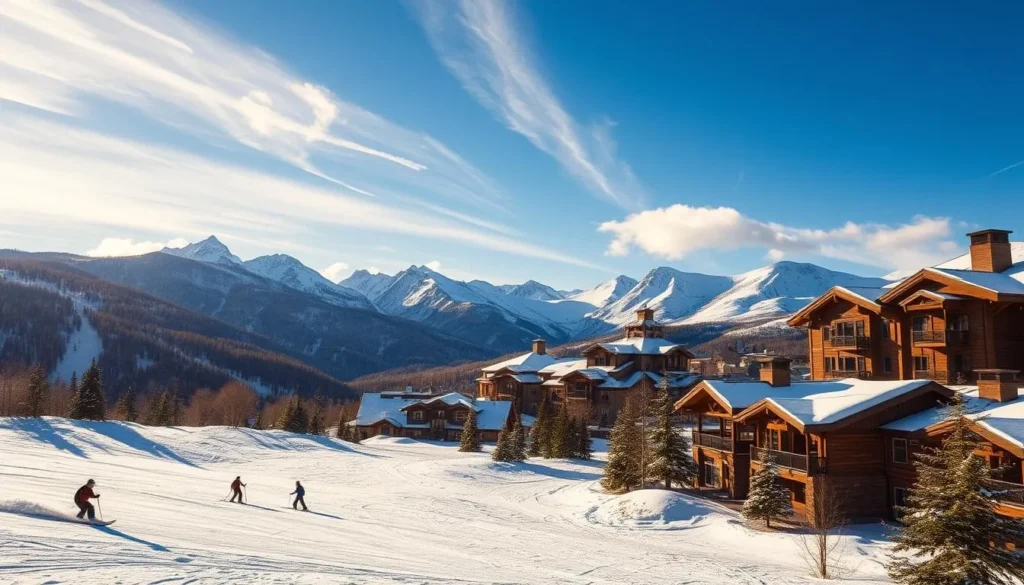 A picturesque scene of Eldora Mountain Ski Resort nestled amidst the majestic Rocky Mountains. In the foreground, snow-covered slopes dotted with skiers carving graceful turns. The mid-ground showcases the ski lodge, its rustic architecture blending seamlessly with the surrounding landscape. In the background, towering peaks rise up, their jagged silhouettes etched against a crisp, blue sky. Warm, golden sunlight bathes the scene, casting a cozy, inviting glow. Wispy clouds drift lazily overhead, completing the tranquil, winter wonderland atmosphere. Capture the hidden charm and unique character of this Colorado gem through a cinematic, wide-angle lens.