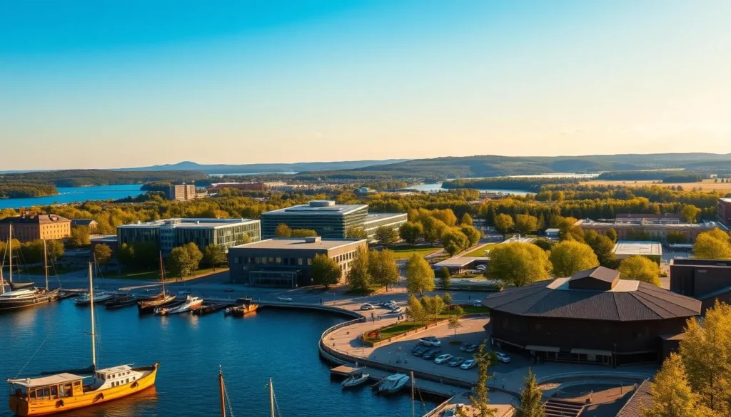 A picturesque scene of Espoo, Finland's second-largest city, on a sunny day. In the foreground, a bustling harbor with traditional wooden boats and a charming seaside promenade lined with cafes and shops. The middle ground features the iconic modern architecture of the Aalto University campus, its sleek glass and steel buildings reflecting the azure sky. In the background, a panoramic view of Espoo's lush, rolling hills and dense forests, dotted with tranquil lakes and streams. Warm golden light filters through the scene, creating a serene and inviting atmosphere that captures the essence of this dynamic yet nature-filled Finnish city.