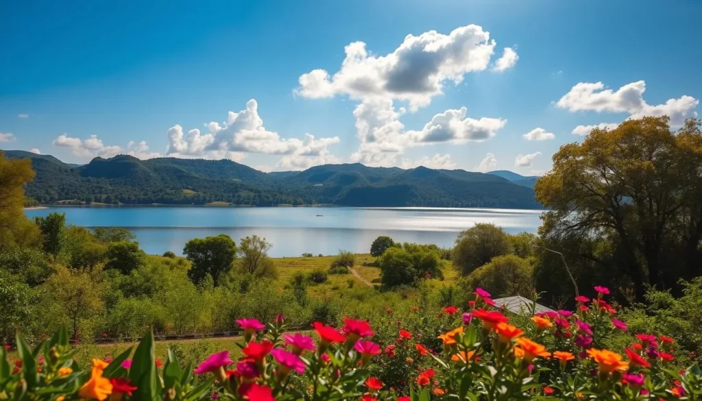 A picturesque scene of Gorakhpur's seasonal weather. In the foreground, a lush, verdant landscape dotted with vibrant flowers and swaying trees. The middle ground features a serene lake, its surface reflecting the clear, azure sky above. Fluffy white clouds drift lazily, casting soft shadows on the rolling hills in the background. The lighting is warm and golden, creating a tranquil, inviting atmosphere. Capture the essence of Gorakhpur's best time to visit, where nature's beauty shines through in this idyllic, photorealistic landscape.