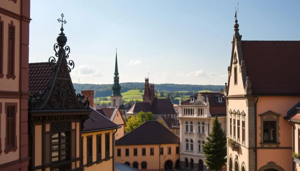 A picturesque scene of Havlickuv Brod's historical architecture on a pleasant day. In the foreground, ornate Renaissance-style facades with intricate details adorn the charming town square. The middle ground features a mix of Gothic and Baroque influences, with pointed spires and decorative elements. In the background, rolling hills and lush greenery create a serene, pastoral backdrop. Soft, warm lighting illuminates the scene, casting gentle shadows and creating an inviting, nostalgic atmosphere. Capture the essence of this well-preserved Czech town's rich architectural heritage.