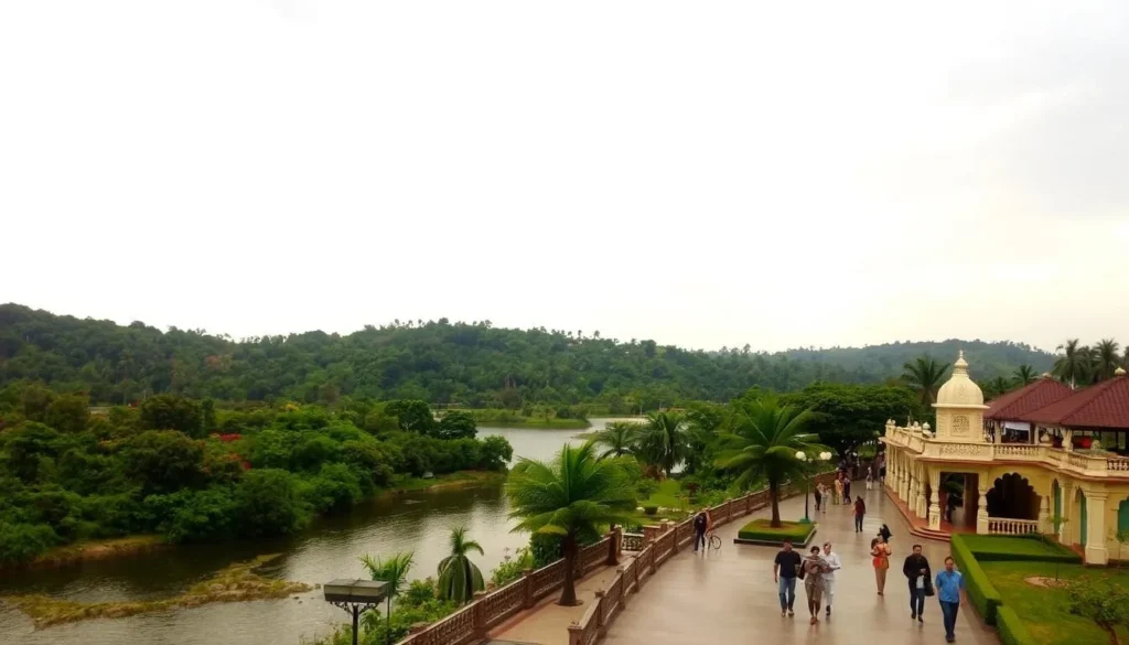 A picturesque scene of Kalyan-Dombivli during the pleasant monsoon season. Lush, verdant landscapes dotted with vibrant foliage under a softly overcast sky. A tranquil lake or river reflects the surrounding natural beauty, its calm waters inviting visitors to relax and enjoy the serene ambiance. In the foreground, locals and tourists stroll along well-maintained promenades, soaking in the agreeable climate and exploring the charming local architecture. Warm, diffused lighting lends a serene, nostalgic mood to the overall composition, capturing the ideal time to visit this captivating region of Maharashtra.