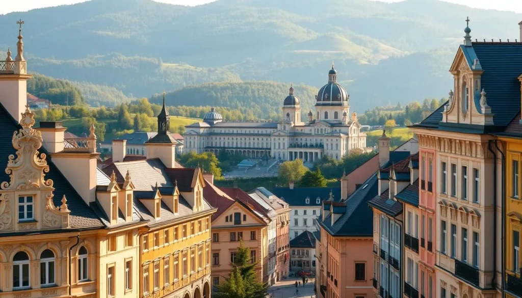 A picturesque scene of Karlovy Vary's historic architecture, bathed in warm, golden sunlight. In the foreground, ornate, pastel-colored buildings with intricate facades and pointed roofs line the winding streets. In the middle ground, the grand, domed structures of the city's iconic thermal spa complexes stand tall, their elegant designs reflecting the region's rich cultural heritage. The background is framed by the lush, rolling hills surrounding the city, creating a serene and charming atmosphere. Capture the essence of Karlovy Vary's timeless architectural elegance through a wide-angle lens, showcasing the harmonious blend of old-world charm and natural beauty.