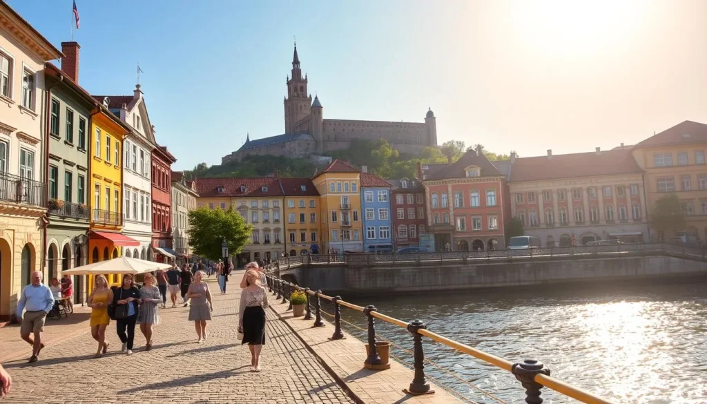 A picturesque scene of Kaunas, Lithuania in the summertime. A sunny day with a warm, golden glow illuminating the historic architecture of the Old Town. Cobblestone streets lead to the Nemunas River, its tranquil waters reflecting the vibrant facades of the buildings. People stroll leisurely, enjoying the pleasant weather and the lively atmosphere. The mix of traditional and modern elements creates a charming, inviting ambiance. In the background, the Kaunas Castle stands tall, a testament to the city's rich history. The overall scene conveys the best time to visit Kaunas - a weather-savvy trip filled with the beauty of the city's architecture, nature, and local culture.