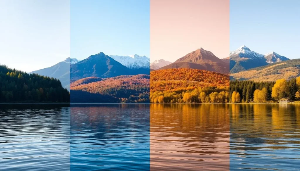 A picturesque scene of Lake Hornavan during the four seasons. In the foreground, the serene waters reflect the surrounding landscape, with delicate ripples dancing across the surface. The middle ground features lush, verdant forests in spring, vibrant autumnal hues in fall, a pristine snow-covered winter wonderland, and lush greenery in summer. The background showcases the majestic mountains, their peaks capped with snow, creating a breathtaking backdrop. The lighting is natural and evocative, casting warm, golden tones in the summer and soft, diffused illumination during the other seasons. The overall composition captures the essence of Lake Hornavan's enchanting transformation throughout the year, inviting the viewer to experience the beauty of this Swedish gem.