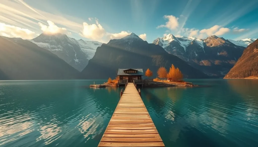 A picturesque scene of Lake Hornindalsvatnet nestled amidst the towering Norwegian fjords. In the foreground, a wooden pier juts out into the serene, turquoise waters, inviting visitors to take in the breathtaking panorama. The middle ground features a quaint tourist information center, its traditional architecture blending seamlessly with the natural surroundings. In the background, snowcapped peaks rise majestically, casting long shadows across the landscape. Warm, golden sunlight filters through wispy clouds, creating a serene and tranquil atmosphere. A wide-angle lens captures the grandeur of the scene, showcasing the stunning natural beauty that draws travelers to this remote corner of Norway.