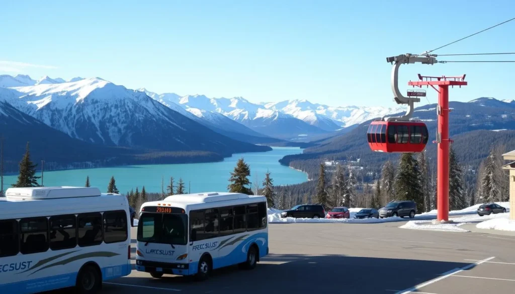 A picturesque scene of Lake Louise Ski Resort's transportation options on a crisp, sunny day. In the foreground, a fleet of ski shuttles and shuttles transfer skiers and snowboarders from the parking lot to the resort's entrance. The middle ground features a scenic view of the snow-capped Rocky Mountains and the serene, turquoise-colored Lake Louise. In the background, a vintage red gondola climbs up the slopes, offering panoramic views of the stunning natural landscape. The lighting is soft and diffused, creating a warm, inviting atmosphere. Capture this idyllic winter wonderland using a wide-angle lens to showcase the scale and grandeur of the scene.
