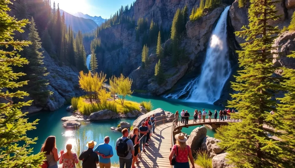 A picturesque scene of Maligne Canyon during the ideal time to visit, showcasing its dramatic limestone walls and cascading waterfalls. The sun casts a warm, golden glow, illuminating the vibrant greens of the surrounding foliage. Visitors pause to admire the serene turquoise pools, their reflections mirrored in the still waters. In the middle ground, a wooden footbridge spans the canyon, inviting exploration. The background features distant snow-capped peaks, adding to the breathtaking natural beauty. This image captures the essence of the best time to experience the awe-inspiring Maligne Canyon.