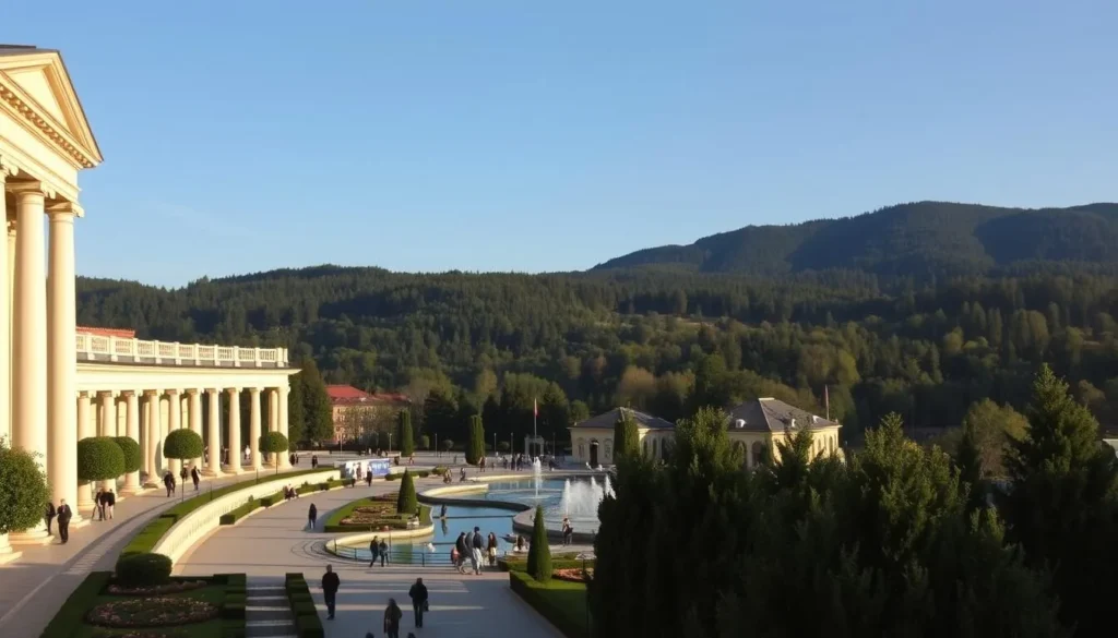 A picturesque scene of Marianske Lazne, the historic spa town nestled in the lush Bohemian forest. In the foreground, the grand neoclassical architecture of the town's iconic colonnaded Colonnade glimmers in the warm afternoon light. Surrounded by meticulously manicured gardens, people stroll along the promenade, taking in the serene atmosphere. In the middle ground, the town's iconic mineral springs bubble up, their healing waters drawing visitors from around the world. In the distance, the rolling hills and dense forests of the Slavkovsky Les create a verdant backdrop, giving the scene a timeless, picturesque quality. The overall mood is one of relaxation, history, and the restorative power of nature.