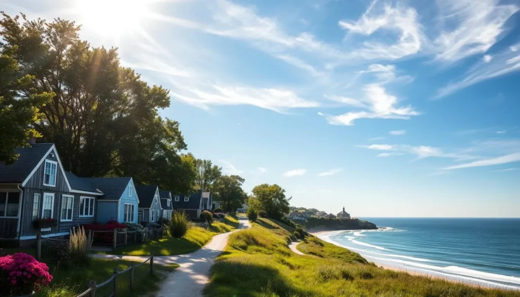 A picturesque scene of Martha's Vineyard, Massachusetts, on a pleasant summer day. A tranquil coastal landscape with lush green hills, rolling meadows, and a crystal-clear blue sky dotted with wispy white clouds. In the foreground, a quaint seaside village with charming New England-style homes and buildings, their weathered wooden siding and vibrant flowers in bloom. Sunlight filters through the branches of tall, leafy trees, casting a warm, golden glow over the entire scene. In the middle ground, a winding dirt path leads towards a secluded beach, where gentle waves lap against the sandy shore. The background features the sparkling waters of the Atlantic Ocean, with a distant horizon line that blends seamlessly with the sky. An idyllic and serene representation of Martha's Vineyard's unique and temperate coastal climate.