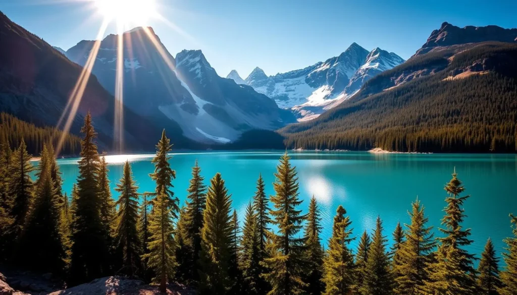 A picturesque scene of Moraine Lake, nestled amidst the majestic Canadian Rockies. In the foreground, the serene turquoise waters reflect the towering mountain peaks and lush evergreen forests. Capture the dramatic play of light and shadow, with the sun's golden rays illuminating the scene and casting a warm glow over the landscape. Compose the image using a wide-angle lens to showcase the breathtaking scale and grandeur of the surroundings. Aim for a shallow depth of field to emphasize the lake's mesmerizing colors and textures. Convey a sense of tranquility and awe, inviting the viewer to immerse themselves in the natural beauty of this iconic Alberta destination.