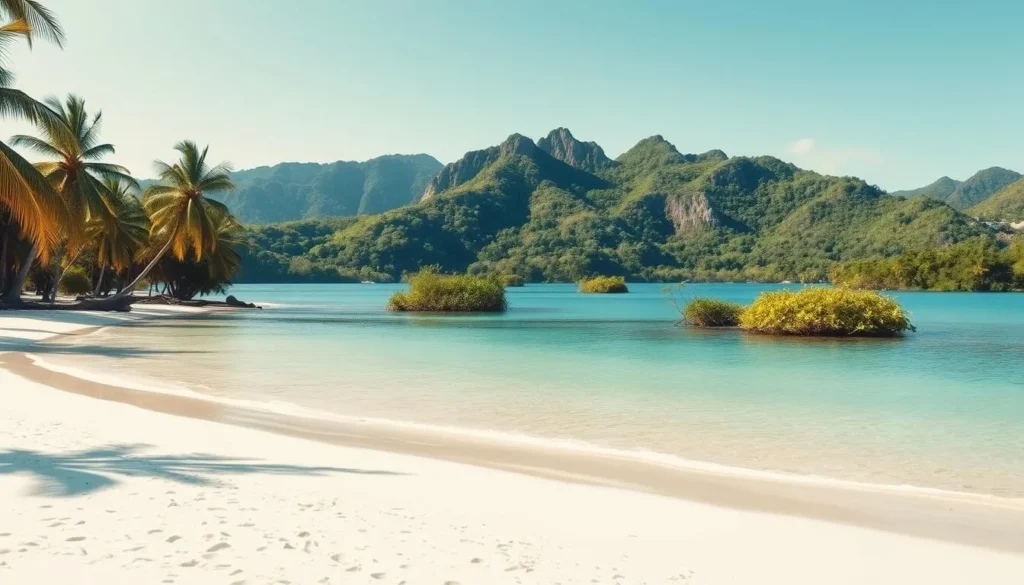 A picturesque scene of Morrocoy National Park, Venezuela, on a warm, sunny day. In the foreground, a pristine white sand beach fringed with swaying palm trees. In the middle ground, a tranquil turquoise lagoon dotted with lush mangrove islands. In the background, rugged mountains rise up, their slopes covered in verdant tropical foliage. Soft, diffused natural lighting illuminates the scene, creating a serene and inviting atmosphere. The composition captures the essential natural beauty and tranquility of this stunning Venezuelan national park.