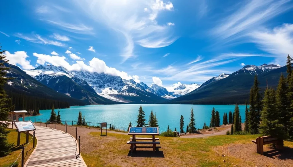 A picturesque scene of Peyto Lake's scenic facilities nestled amidst the majestic Canadian Rockies. In the foreground, a well-maintained wooden boardwalk leads visitors towards the mesmerizing turquoise waters. Middle-ground features informative interpretive signs and designated picnic areas with cozy benches overlooking the lake. The background showcases the dramatic glacial-carved landscape, with towering snow-capped peaks and lush evergreen forests providing a breathtaking natural backdrop. Warm sunlight filters through wispy clouds, casting a serene and inviting atmosphere over the entire scene. Captured with a wide-angle lens to convey the grand scale and beauty of this stunning mountain destination.