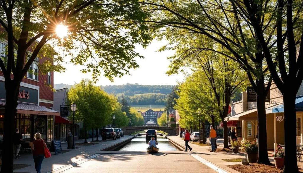 A picturesque scene of Pittsford, New York, on a pleasant spring day. The image showcases the charming Main Street, lined with quaint shops and cafes, framed by a row of mature trees. In the foreground, pedestrians stroll along the sidewalk, carrying shopping bags and taking in the vibrant atmosphere. The middle ground features the iconic Erie Canal, with a couple leisurely paddling a canoe, while the background reveals the rolling hills and lush greenery that surround the town. Warm sunlight filters through the leaves, casting a soft, inviting glow over the entire landscape. The overall mood is one of tranquility and small-town charm, perfectly capturing the essence of a visit to Pittsford.
