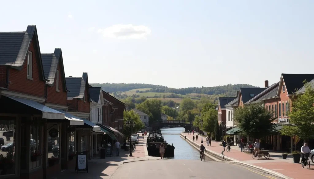 A picturesque scene of Pittsford, New York on a sunny day. In the foreground, a charming Main Street lined with quaint shops and cafes, their facades adorned with flower boxes and awnings. In the middle ground, the historic Erie Canal with its towpath bustling with pedestrians and cyclists enjoying the tranquil waterway. In the background, the rolling hills and lush greenery of the surrounding countryside, bathed in warm, golden light. Capture the essence of Pittsford's timeless appeal, its architectural heritage, and the vibrant energy of its downtown, creating a visually captivating representation of this delightful New York town.