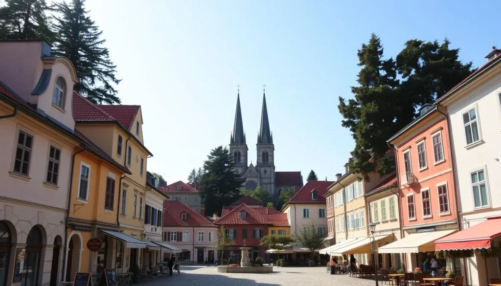 A picturesque scene of Rakovnik's historical center on a pleasant day. Capture the charming town square surrounded by well-preserved Renaissance and Baroque buildings, their red-tiled roofs and pastel facades bathed in warm sunlight. In the foreground, quaint cobblestone streets are lined with small shops and cafes, their outdoor tables and colorful awnings inviting visitors to linger. In the middle ground, the striking spires of the Church of St. Bartholomew rise gracefully, their Gothic architecture a testament to the town's rich history. Framed by towering trees in the background, this picturesque scene conveys the timeless allure and tranquil atmosphere of Rakovnik's hidden gem of a historic center.