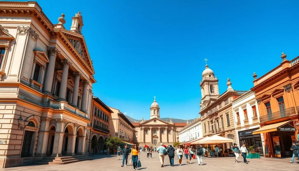 A picturesque scene of Salto's historical attractions on a bright, sunny day. In the foreground, a grand neoclassical building with ornate columns and intricate details stands proudly. In the middle ground, a charming plaza is filled with locals and tourists, strolling past quaint shops and cafes. In the background, the iconic bell tower of a historic church reaches towards the cloudless, azure sky. The scene is bathed in warm, golden light, creating a sense of timeless elegance and charm. Capture the essence of Salto's rich cultural heritage in a single, immersive image.