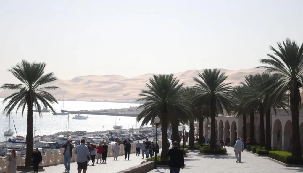 A picturesque scene of Salwa, Kuwait, on a pleasant day. In the foreground, a quaint seaside promenade lined with palm trees and traditional Kuwaiti architecture. People strolling, capturing the moment with their cameras. In the middle ground, a tranquil harbor with fishing boats and yachts gently bobbing on the sparkling azure waters. In the background, a range of rolling sand dunes bathed in warm, golden sunlight, creating a serene and serene desert backdrop. The scene is bathed in soft, diffused lighting, making it an ideal setting for landscape and architectural photography. Capture the essence of Salwa's picturesque charm and natural beauty.