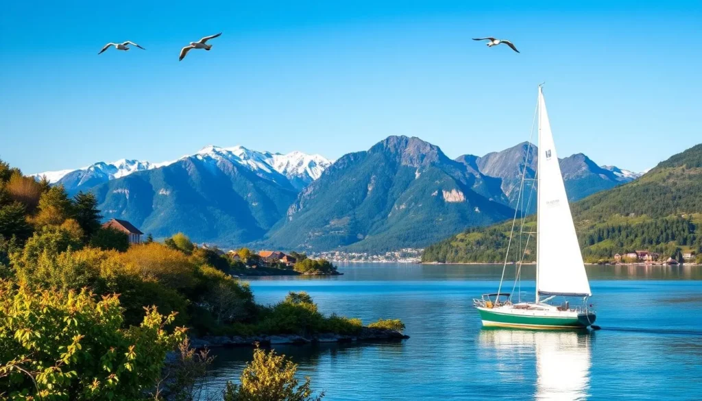 A picturesque scene of Sandefjord, Norway in the summertime. Vibrant green foliage lines the shores of the tranquil fjord, reflecting on the calm waters. In the foreground, a sailboat glides peacefully across the surface, its crisp white sails catching the warm sunlight. The mountainous backdrop rises majestically, their snow-capped peaks piercing the clear blue sky. Seagulls soar overhead, adding to the serene coastal ambiance. The overall atmosphere conveys the ideal time to visit Sandefjord - when the weather is mild, the landscape is in full bloom, and the town exudes a relaxed, picturesque charm.