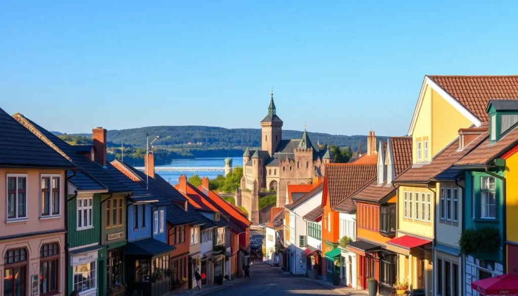 A picturesque scene of Savonlinna's charming old town, with its well-preserved medieval buildings and cobblestone streets bathed in warm, golden sunlight. In the foreground, colorful shops and cafes line the narrow lanes, their facades adorned with intricate architectural details. In the middle ground, the iconic Olavinlinna Castle, a stunning 15th-century fortress, stands tall and majestic, its towers and turrets reflected in the calm waters of the surrounding lake. The background is framed by lush, verdant hills and a cloudless, azure sky, creating a picturesque and tranquil atmosphere that invites the viewer to explore and discover the timeless beauty of this historic Finnish town.
