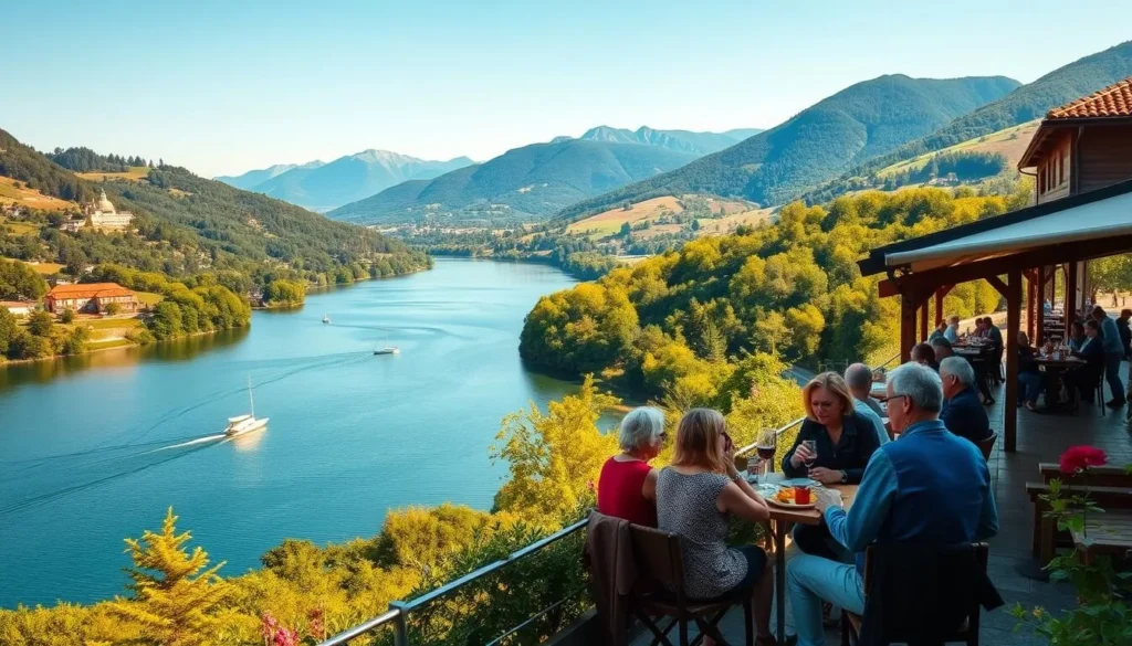 A picturesque scene of Sec Reservoir nestled in the rolling hills of Czechia. In the foreground, a group of people enjoying a leisurely lunch at an outdoor cafe, sipping local wines and savoring the region's delectable cuisine. The middle ground showcases the serene waters of the reservoir, surrounded by lush greenery and dotted with small boats gliding across the surface. In the background, the majestic silhouettes of mountains rise, bathed in warm, golden sunlight. The atmosphere is one of tranquility and relaxation, inviting visitors to immerse themselves in the natural beauty and culinary delights of this picturesque locale.