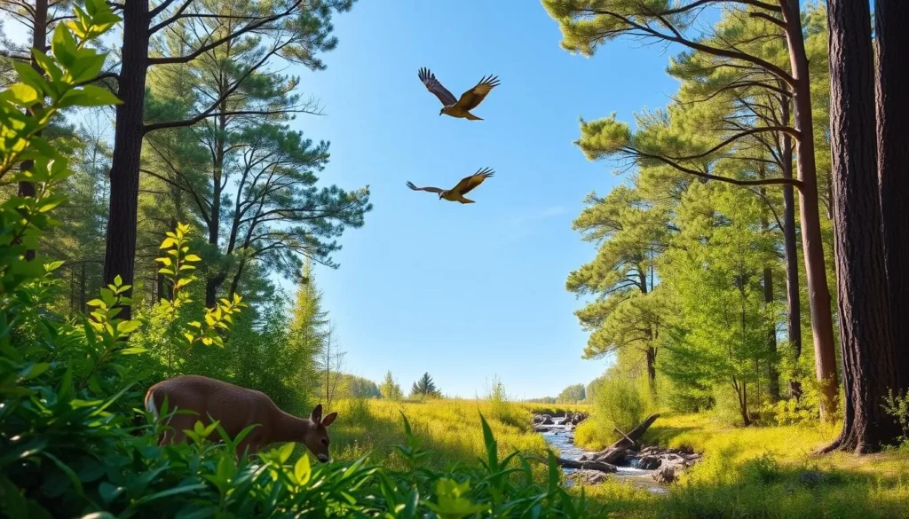 A picturesque scene of Shawnee National Forest's vibrant wildlife. In the foreground, a curious white-tailed deer grazes amidst lush, verdant foliage. In the middle ground, a pair of red-tailed hawks soar gracefully on the warm, gentle breeze, their wings outstretched against a clear, azure sky. In the distance, a babbling brook winds its way through the dense, towering hardwood trees, creating a peaceful, natural ambiance. The scene is bathed in soft, diffused natural lighting, capturing the serene beauty of this protected wilderness area. A picturesque scene of Shawnee National Forest's vibrant wildlife. In the foreground, a curious white-tailed deer grazes amidst lush, verdant foliage. In the middle ground, a pair of red-tailed hawks soar gracefully on the warm, gentle breeze, their wings outstretched against a clear, azure sky. In the distance, a babbling brook winds its way through the dense, towering hardwood trees, creating a peaceful, natural ambiance. The scene is bathed in soft, diffused natural lighting, capturing the serene beauty of this protected wilderness area.