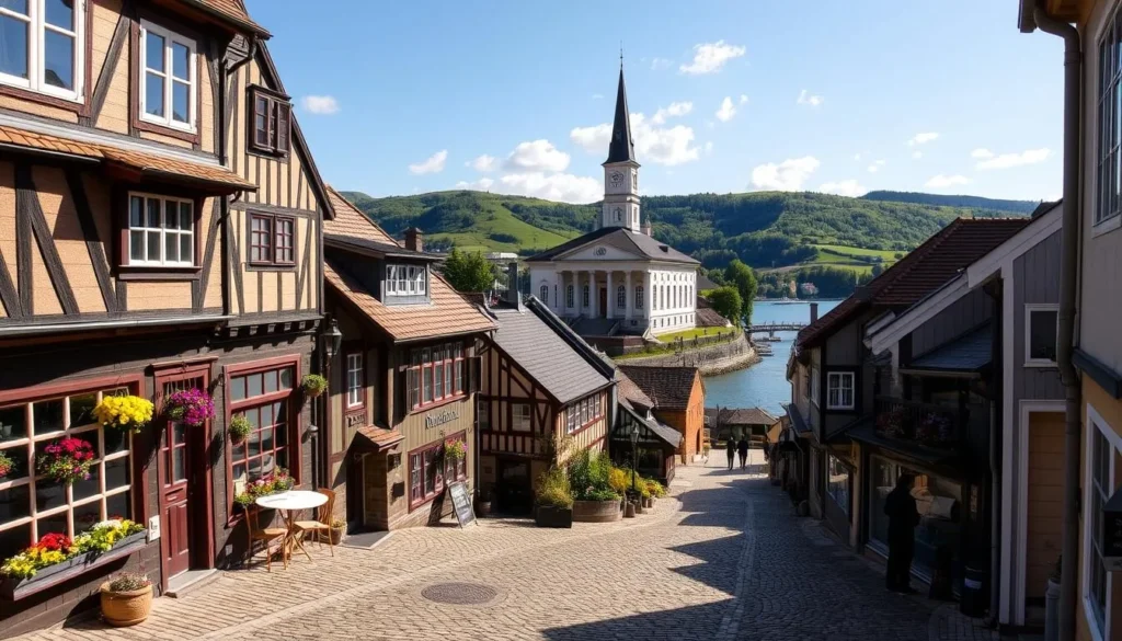 A picturesque scene of Skien's charming old town, captured in the warm glow of a sunny afternoon. In the foreground, cobblestone streets wind past quaint timber-framed buildings, their facades adorned with colorful window boxes and intricate architectural details. A cozy outdoor café terrace invites visitors to linger and soak in the local atmosphere. In the middle ground, the historic Ibsen Museum stands tall, its grand neoclassical design a testament to the town's cultural heritage. In the background, the serene waters of the Skien River flow gently, with the lush, verdant hills of the surrounding countryside providing a picturesque backdrop. The scene conveys a sense of timeless elegance and tranquility, inviting the viewer to immerse themselves in the unique charms of this Norwegian gem.