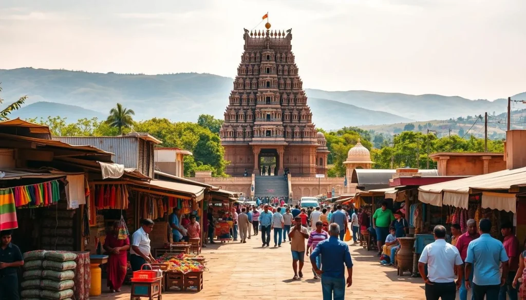 A picturesque scene of Solapur, Maharashtra on a sunny day. In the foreground, a bustling marketplace with vibrant stalls, local artisans, and friendly shopkeepers. In the middle ground, a grand, ornate temple with intricate architecture, surrounded by lush greenery. In the background, rolling hills and a clear, azure sky, bathed in warm, golden light. The overall atmosphere is one of tranquility, cultural richness, and inviting ambiance, capturing the essence of the best time to visit Solapur.